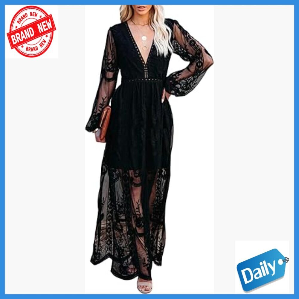 Long Sleeve Lace Maxi Dress Formal Wedding Party V-Neck Zipper Back